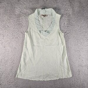 Flax Linen Tank Top Womens P XS Green Ruffle Collar Preppy Casual Classic Beachy